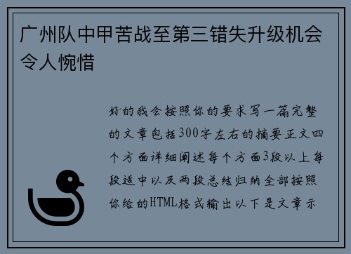 广州队中甲苦战至第三错失升级机会令人惋惜